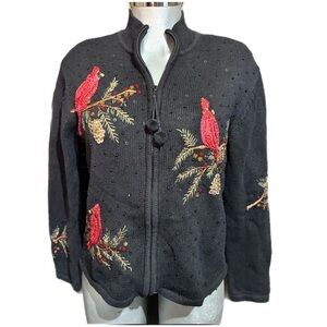 Vntg Heirloom Embroidered Black Christmas Cardigan Sweater Red Cardinal Sequined